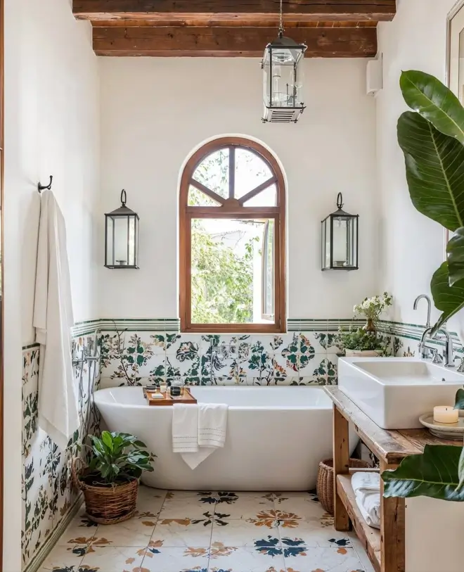 A Mediterranean bathroom interior with floral patterned tiles, an arched window, and a rustic wooden vanity.