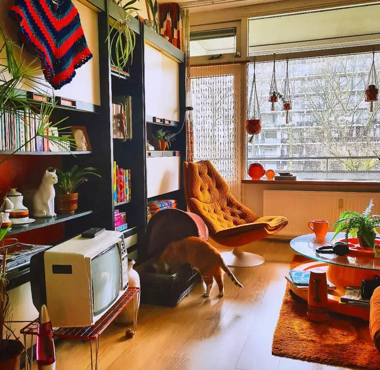 A 70s-style living room highlighting interior decor textures, with a harvest gold lounge chair, orange shag rug, and macrame plant hangers.