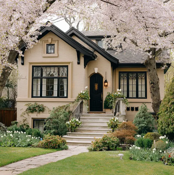 A charming beige brick house with black trim, framed by pink cherry blossom trees in full bloom.