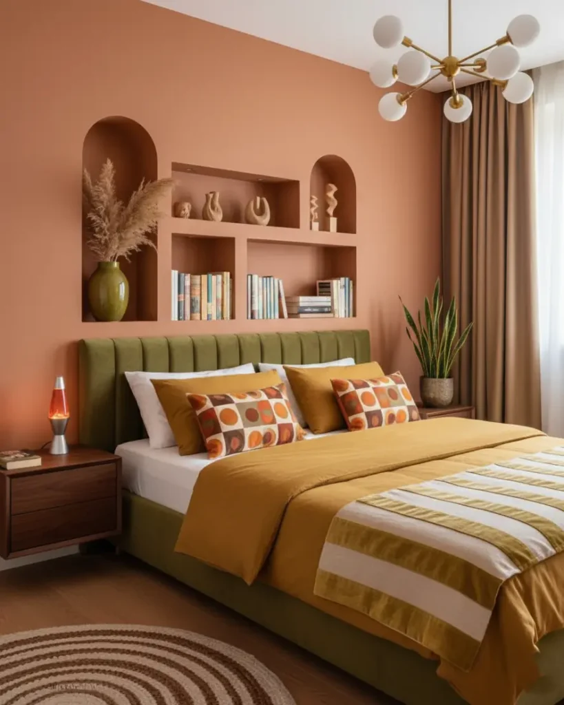 A 70s bedroom decor idea with modern arched wall niches, an olive bed, and terracotta walls.