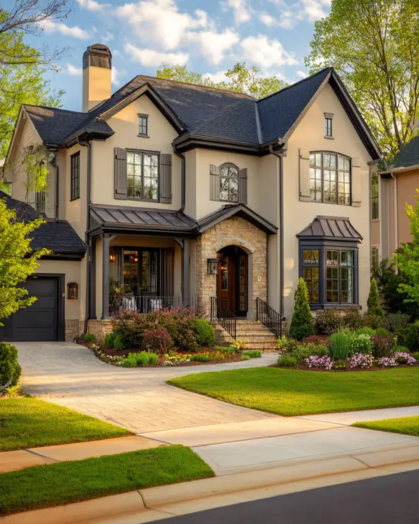 A European-style beige house with black shutters, a dark roof, and an arched stone entryway.