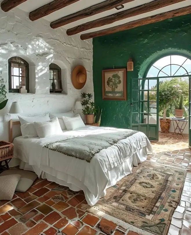Mediterranean bedroom interior with terracotta floors, exposed beams, and a deep green accent wall with an arched door.