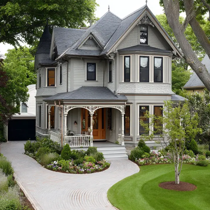 A stately modern Victorian style home in sage gray with a curving paver driveway and beautiful gardens.