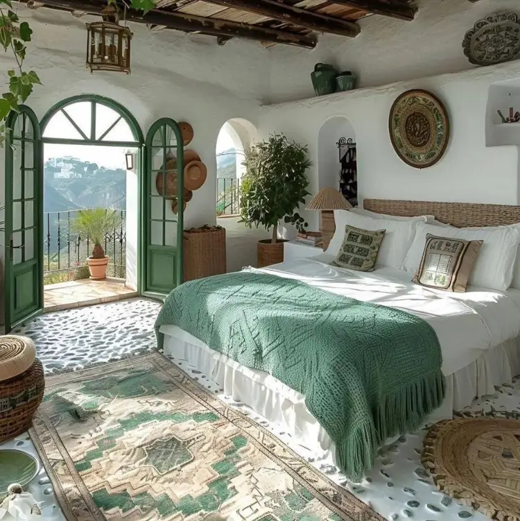 A rustic Mediterranean bedroom interior with green arched doors, a pebble floor, and exposed beams opening to a mountain view.