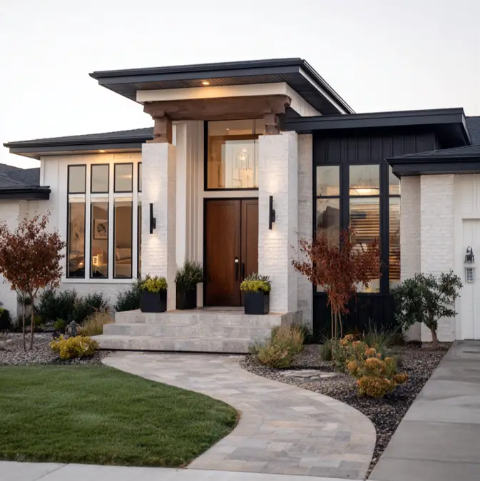 A modern beige house featuring prominent whitewashed brick pillars, black siding, and a double wooden door.