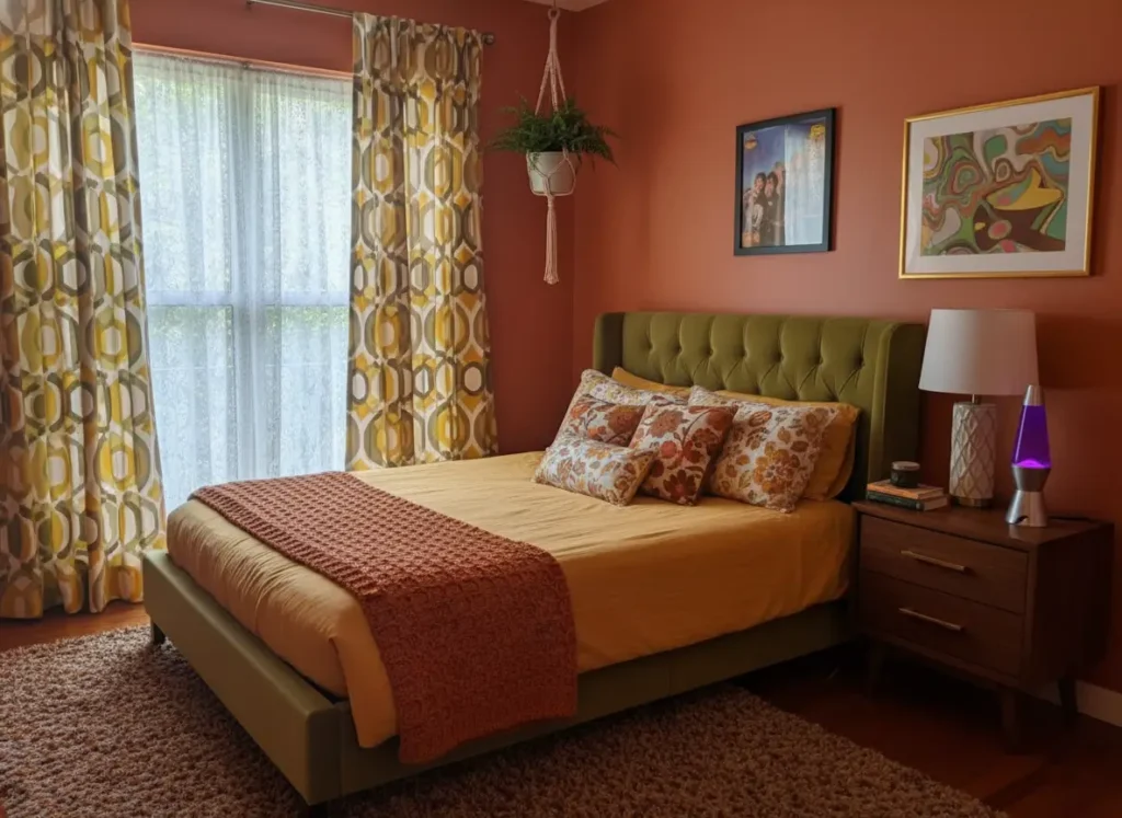 A modern 70s bedroom with graphic curtains, a tufted olive headboard, and terracotta walls.