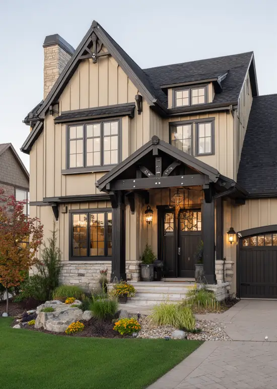 A modern beige house with black craftsman trim, a stone foundation, and a substantial covered front porch.