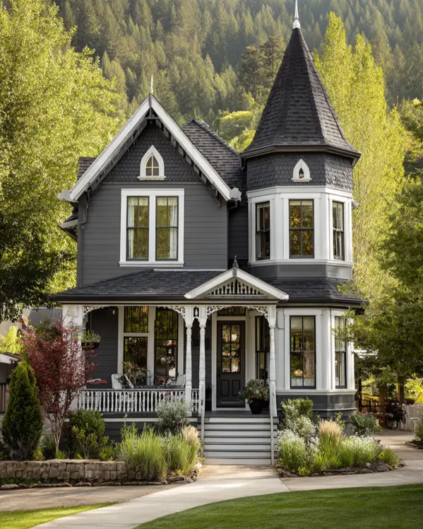 A dark gray modern Victorian home with white trim, set against a lush, tree-covered hillside.