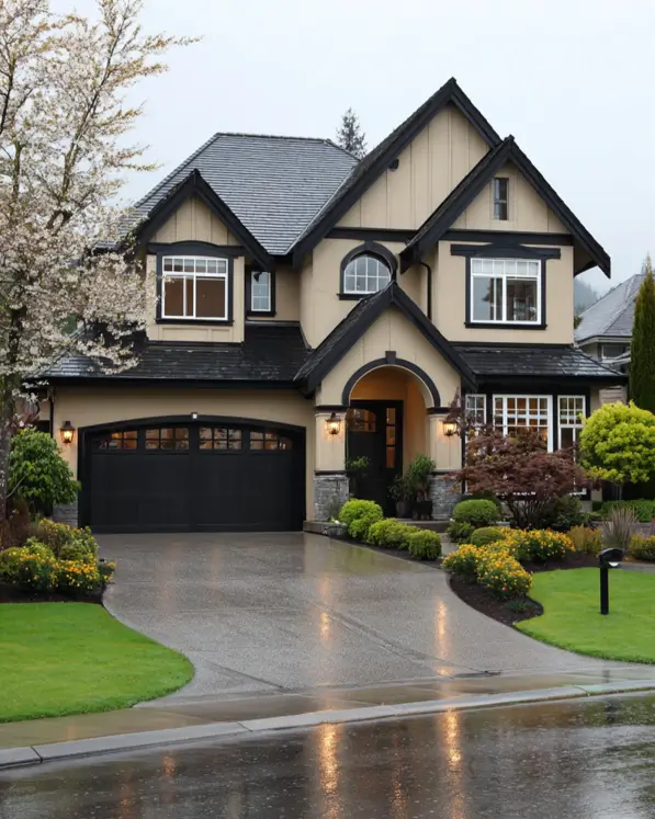 A classic beige and black house with an arched entryway and a mix of window shapes.
