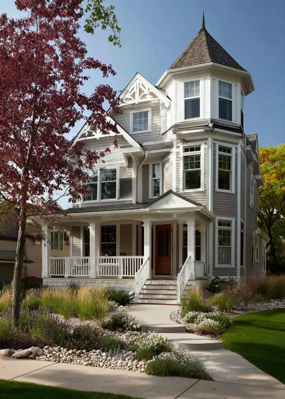 A modern Victorian style home with light siding, featuring naturalistic landscaping with ornamental grasses.