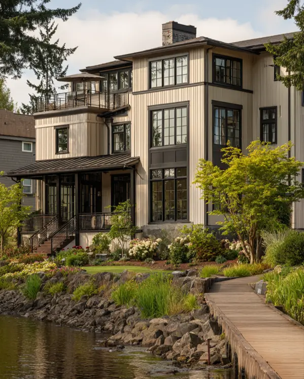 A tall, multi-level beige house with black-framed windows and a wooden boardwalk along the water.
