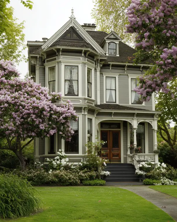 A gray modern Victorian style home framed by large, blooming purple lilac trees in a green yard.