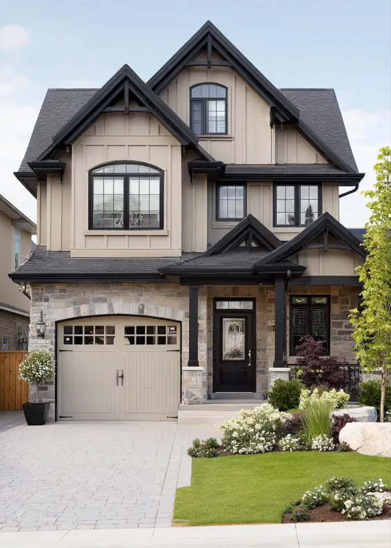 A beige house with black trim, a stone garage surround, and a matching beige garage door.