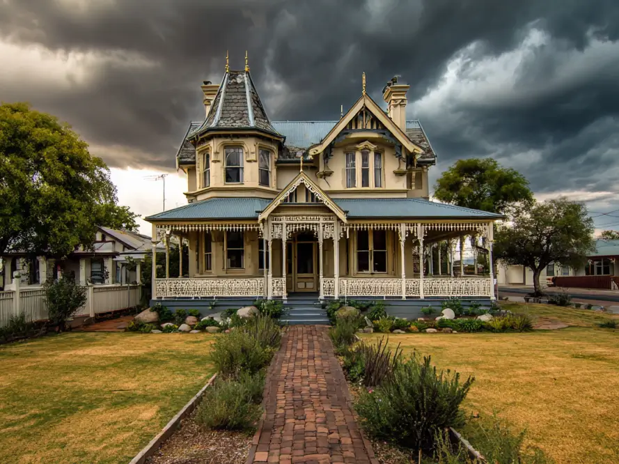 A cream-colored modern Victorian style house with a long brick walkway under a dramatic stormy sky.