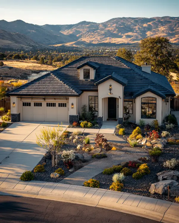 A beige house exterior with a black tiled roof and black accents, surrounded by desert landscaping.