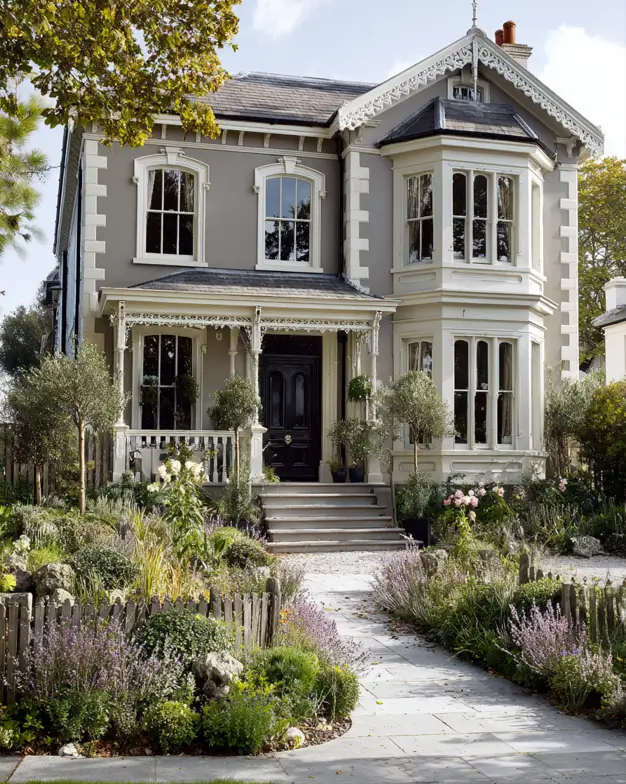 A gray modern Victorian style home with cream trim and a rustic cottage garden with a wooden fence.