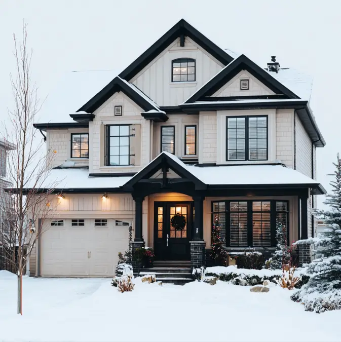 A beige and black house with a wreath on the door, set in a snowy winter landscape.