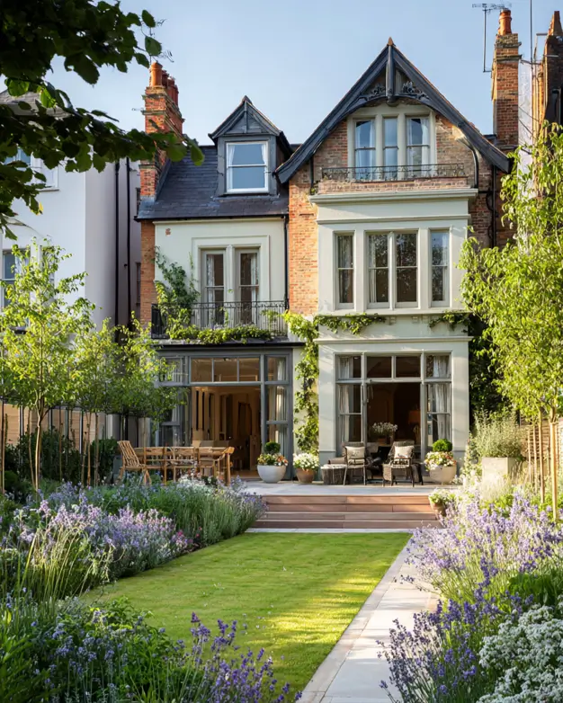 Rear view of a modern Victorian style house opening onto a formal garden with a central lawn path.