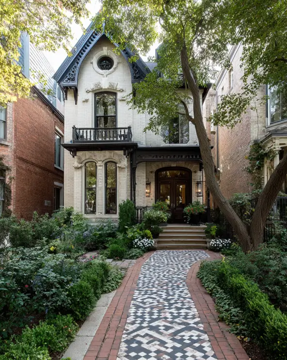 A modern Victorian brick house with a striking black and white patterned mosaic walkway.