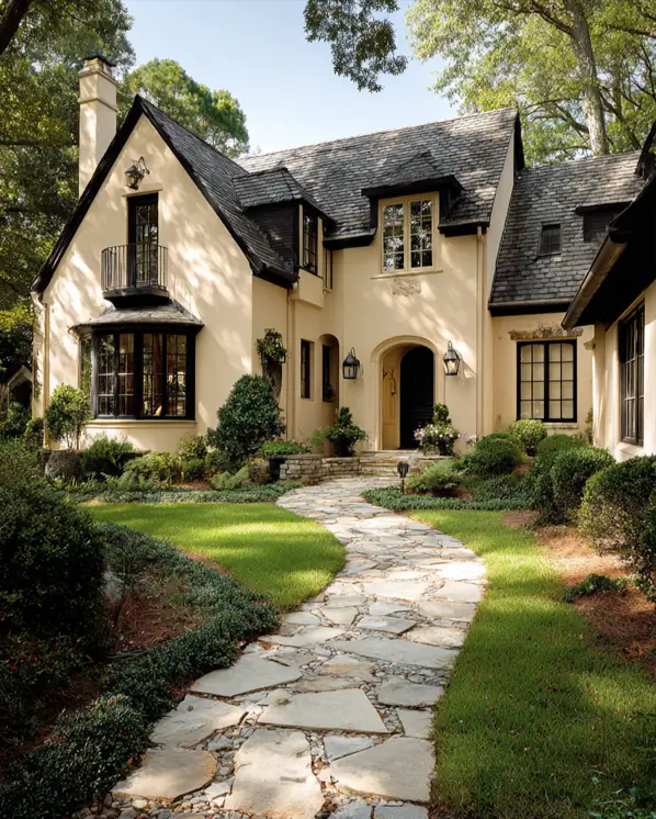 A beige European-style house with black trim and a Juliet balcony, featuring a winding stone path.