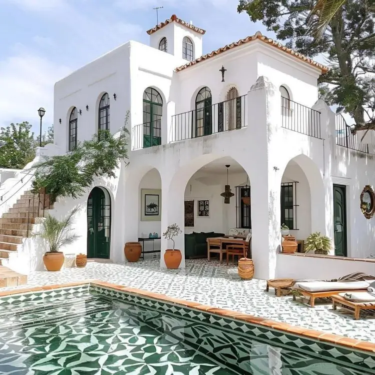 A white stucco Mediterranean house with an arched loggia, a pool, and vibrant green and white patio tiles.