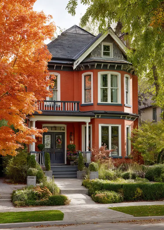 Red brick modern Victorian style house with dark gray trim and vibrant orange autumn foliage.