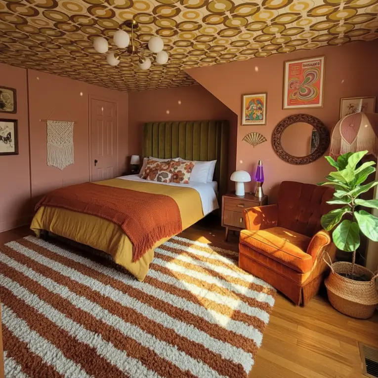 A modern 70s bedroom idea with bold geometric wallpaper on the ceiling and a rust-colored velvet chair.