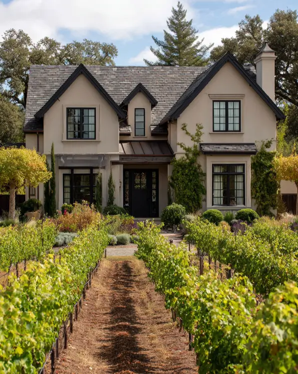 A beige and black house exterior with a dark roof, viewed from the middle of a vineyard row.