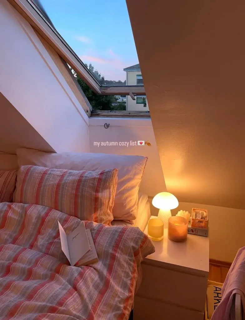 A cozy small apartment attic bedroom at dusk with warm lamplight, striped bedding, and a view of the sky through a skylight.