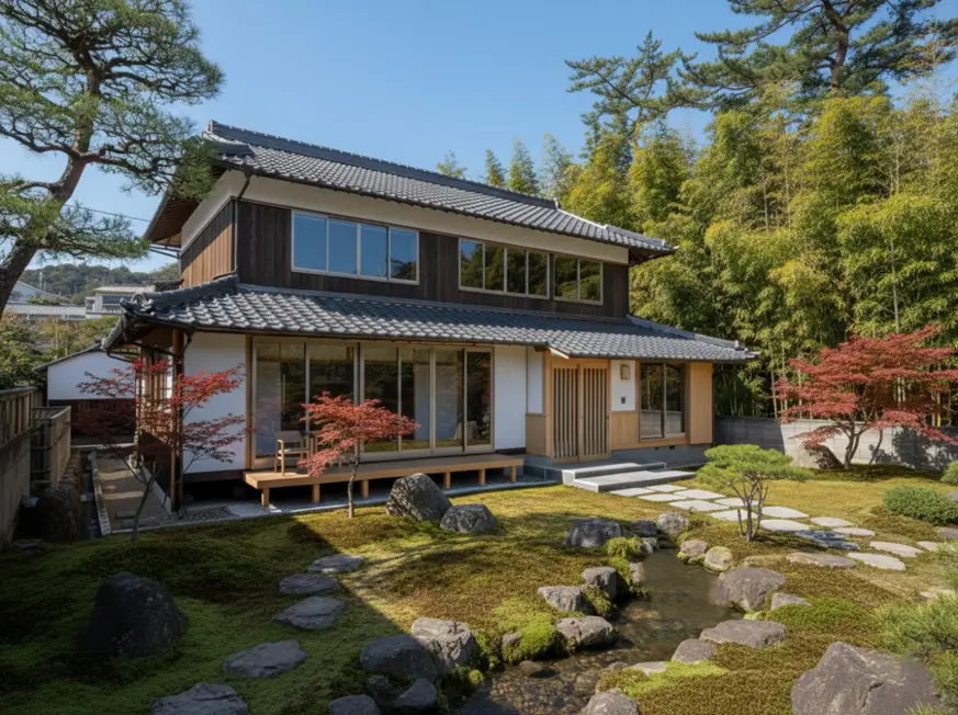 A traditional Japanese style house design with a tiled roof and a mossy garden with stepping stones.