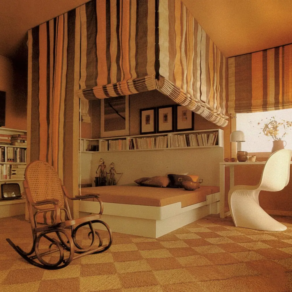 A retro 70s bedroom featuring a striped fabric canopy over the bed and a checkerboard carpet.