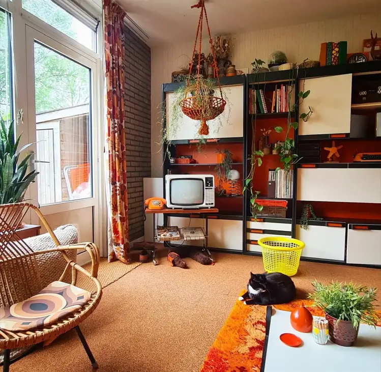 A living room with 70s interior decor, a modular wall unit, and a rattan chair.