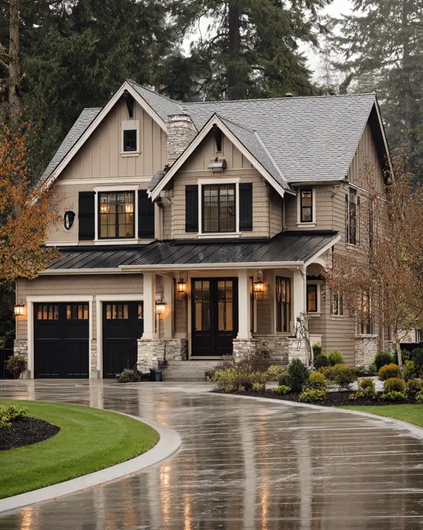 A craftsman-style beige house with black shutters, stone columns, and a welcoming front porch.