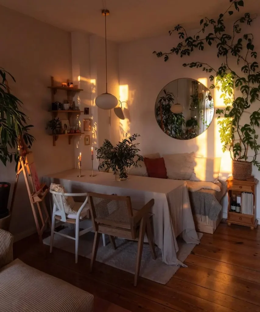 A cozy small apartment dining nook bathed in golden hour light, with a round mirror reflecting the warm, plant-filled interior.
