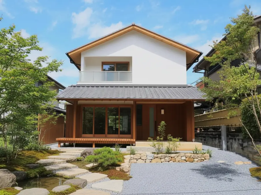 A Japanese style house modern blend with a white upper floor and a wooden veranda on a gravel garden.