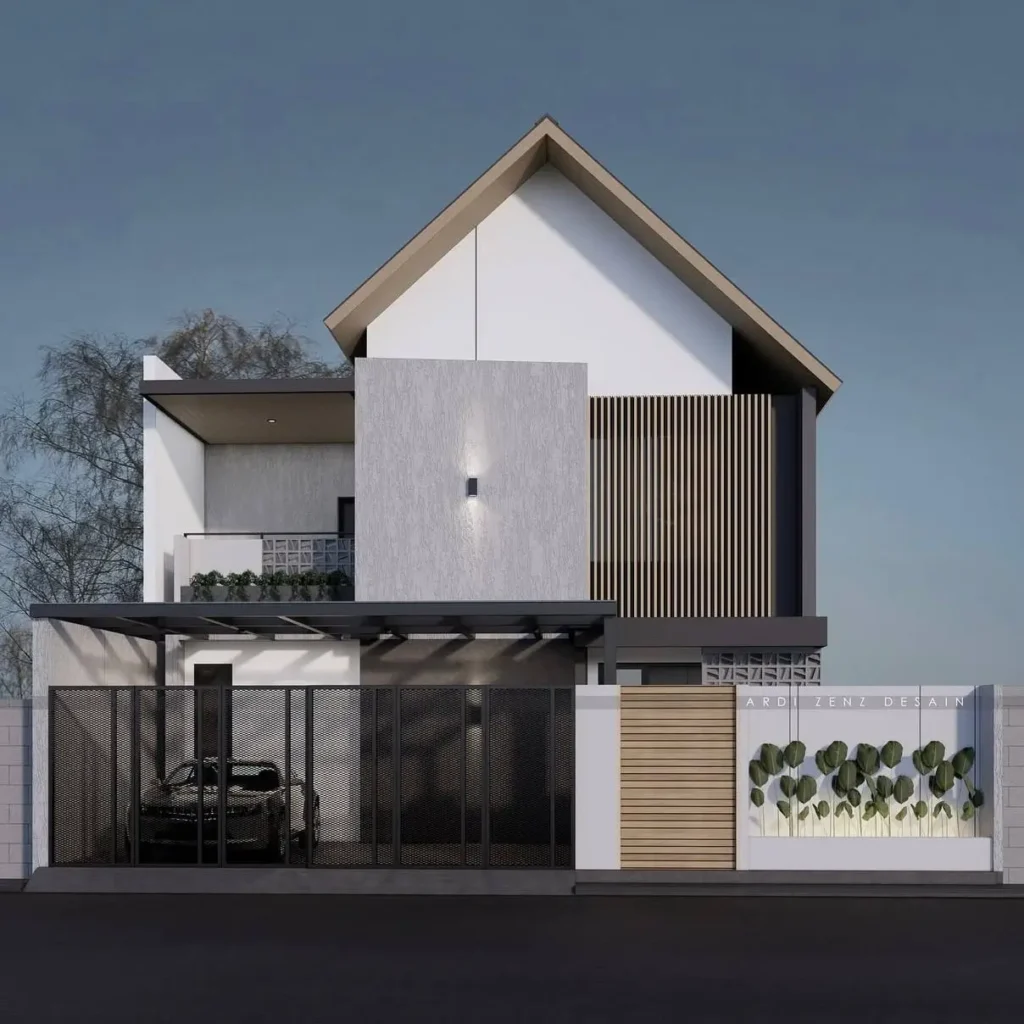 Modern minimalist house with a gabled roof and a mixed material facade of wood slats and textured grey panels.