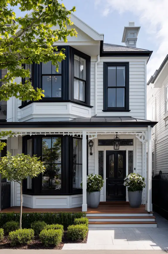 A crisp white modern Victorian style house with bold black trim and windows on a sunny day.