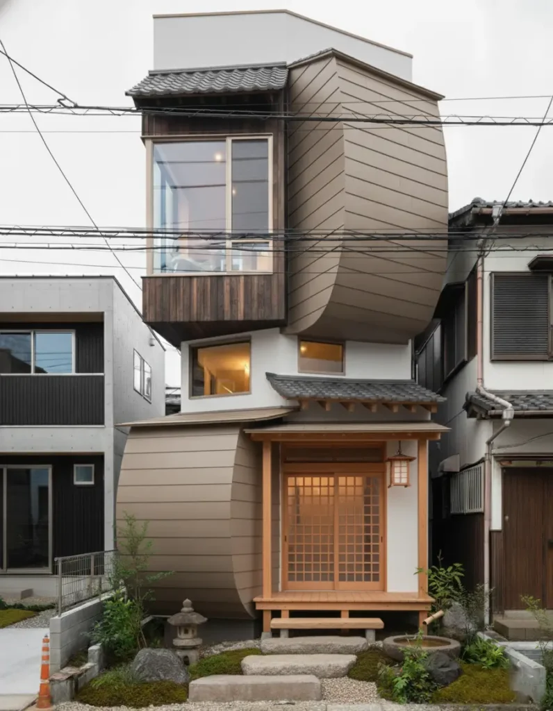 A modern Japanese house in Tokyo by saap.design, with a sculptural wood and copper facade.