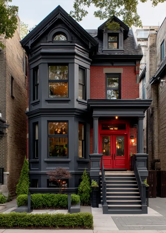 A modern Victorian townhouse with red brick, dark charcoal trim, and a vibrant, glossy red front door.