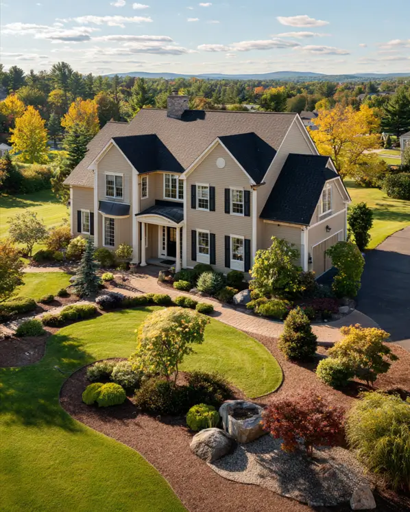 Aerial view of a large traditional beige and black house surrounded by lush green lawns and colorful trees.