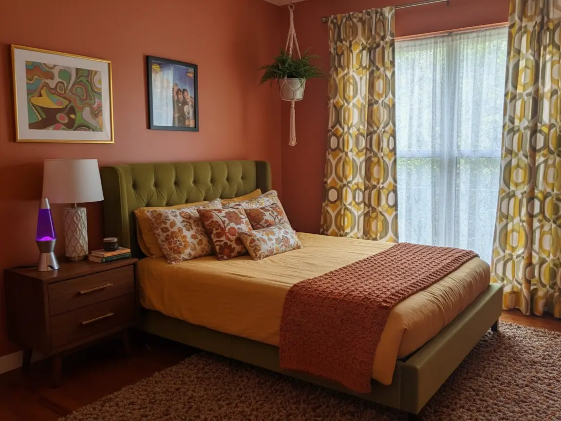 How to Master 70s Bedroom Decor: Retro Ideas and Inspo 2 A modern 70s bedroom decor idea featuring an olive green velvet headboard, terracotta walls, and graphic retro curtains.