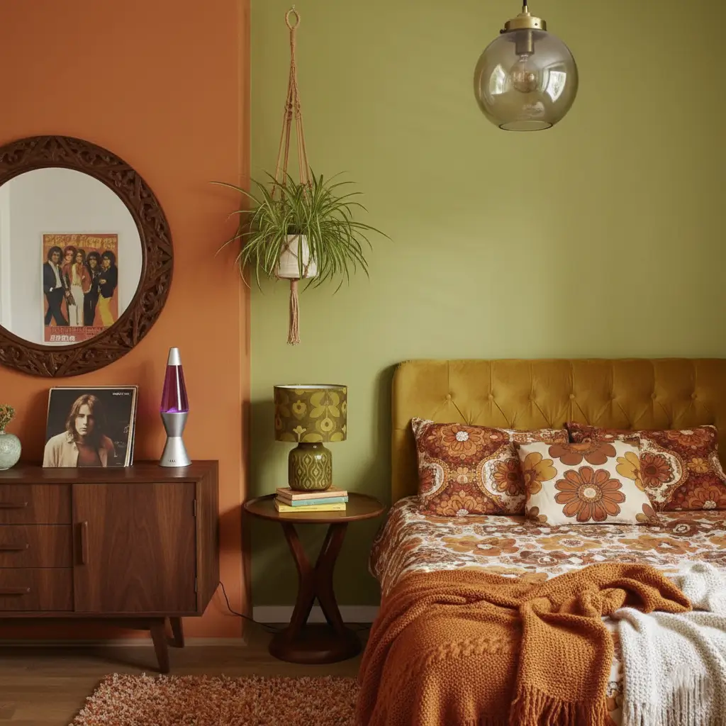 A 70s bedroom idea using an earthy palette of green, orange, and mustard yellow with a velvet headboard.