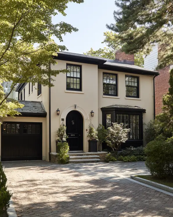 A beige stucco house with a black arched door, bay window, and a patterned brick driveway.