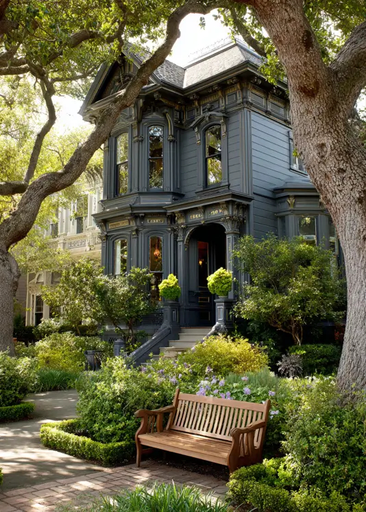 A dark gray modern Victorian house with subtle gold accents on its trim, nestled in a lush garden.