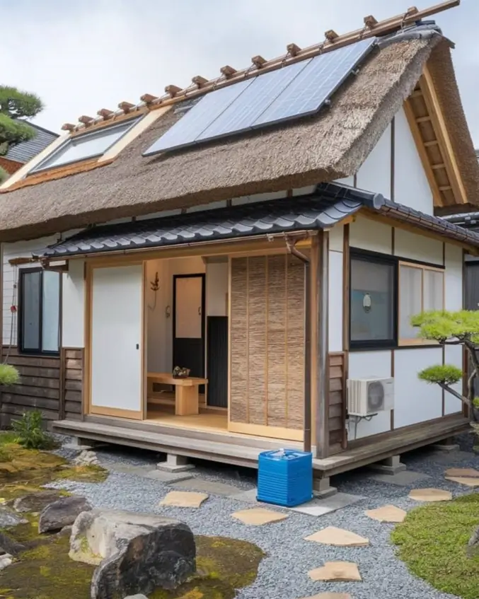 A Japanese style house with a traditional thatched roof and modern solar panels set in a garden.