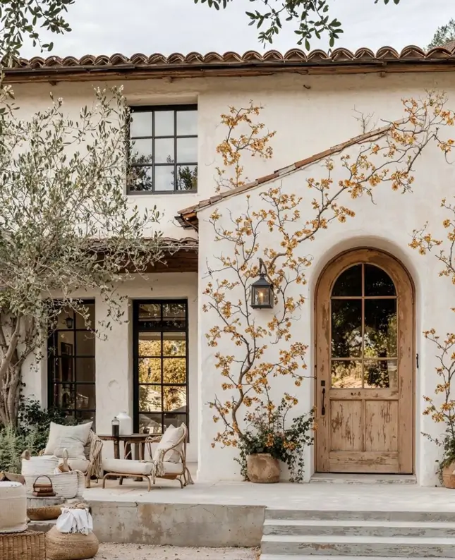 A warm white stucco Mediterranean house with a rustic arched wooden door and climbing yellow-flowered vines.