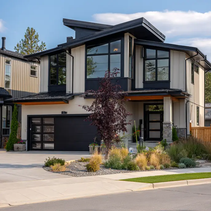 A modern beige house with black trim, an angled roof, and a contemporary glass-paneled garage door.