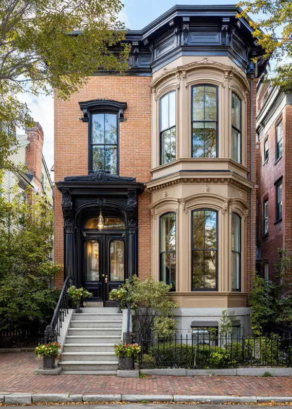 Modern Victorian brick townhouse with an ornate black entryway and a contrasting tan bay window.