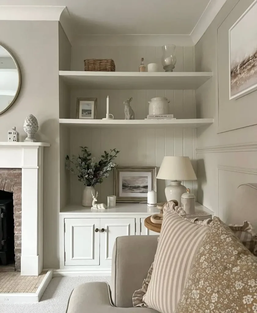 Styled built-in shelves in a warm neutral living room, featuring white ceramics, small pictures, and a lamp beside a fireplace.
