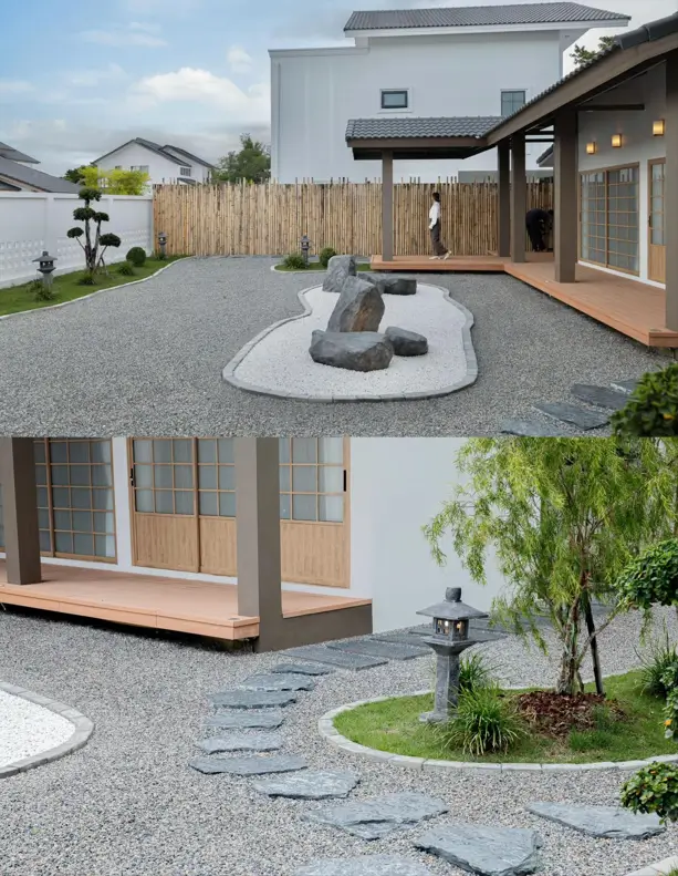 A Japanese style dry gravel garden (karesansui) with large stones and a stone lantern.